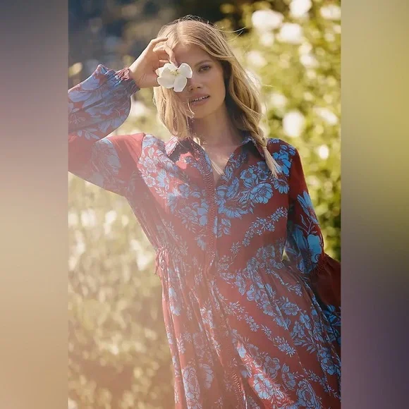 Anthropologie Boho Floral Maxi Shirt Dress NWT M Petite Flowy Cottagecore HTF - Picture 8 of 9